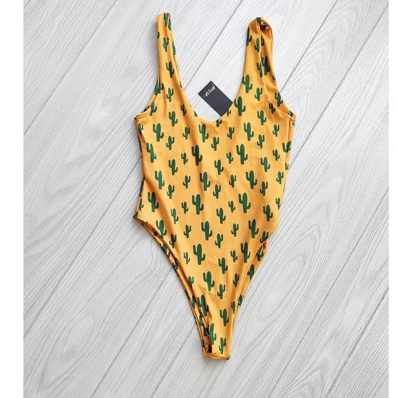 Saguaro Cactus Swimsuit Bodysuit Mustard Yellow High Leg One Piece 8 - Picture 7 of 9